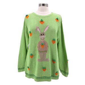 Vintage The Quacker Factory Womens Large Sweater Easter Bunny Carrots Knit Green